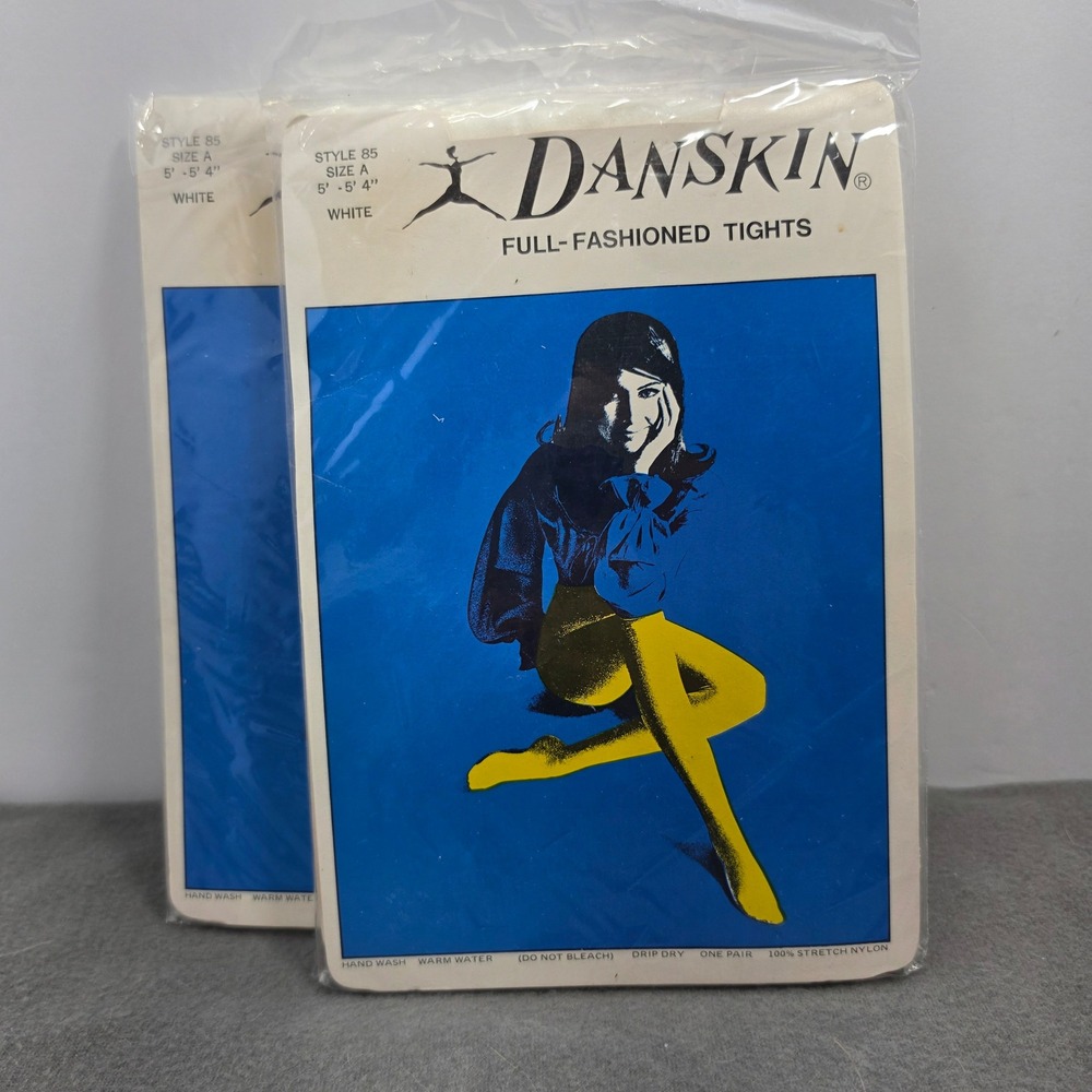 Vintage Danskin Style 85 White Full Fashioned Tights Size A 100% Nylon 2 Pairs